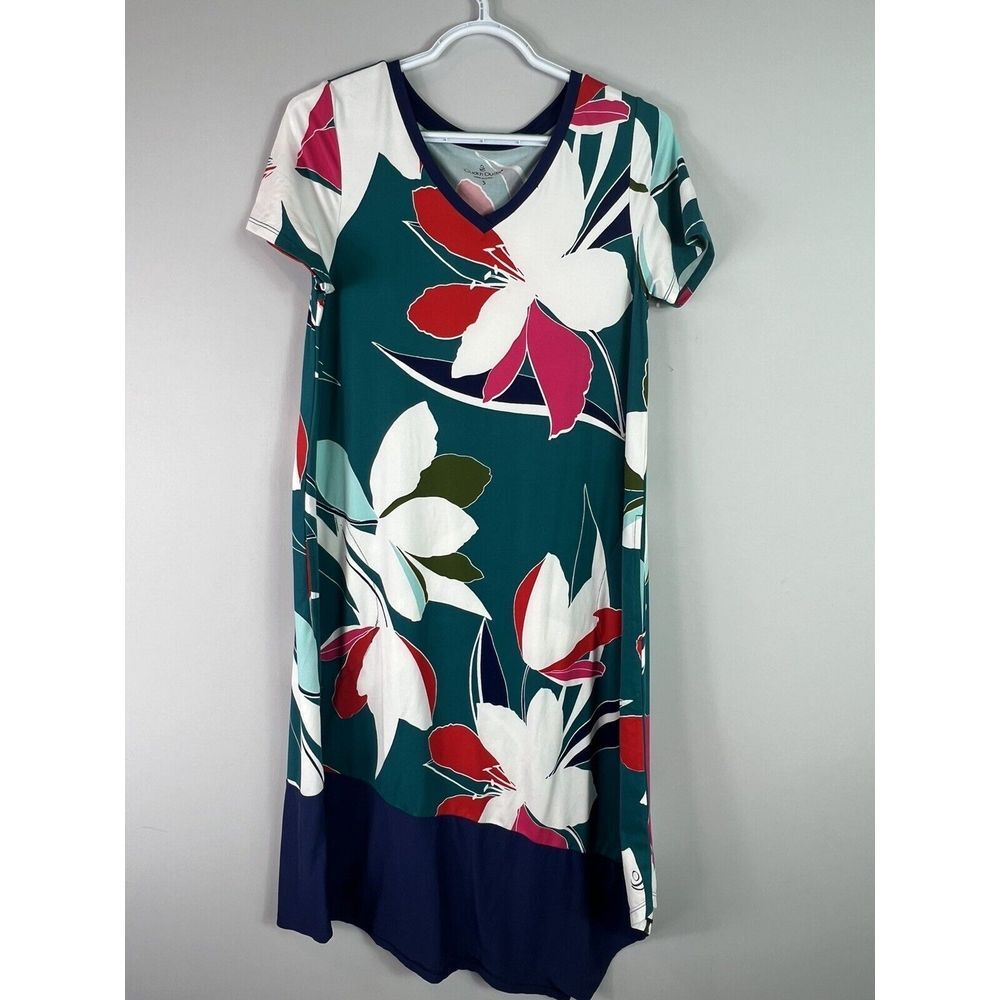 Cuddl‎ Duds Flexwear Dress Size S Teal Floral  Pockets SOFT Hawaii Vacation